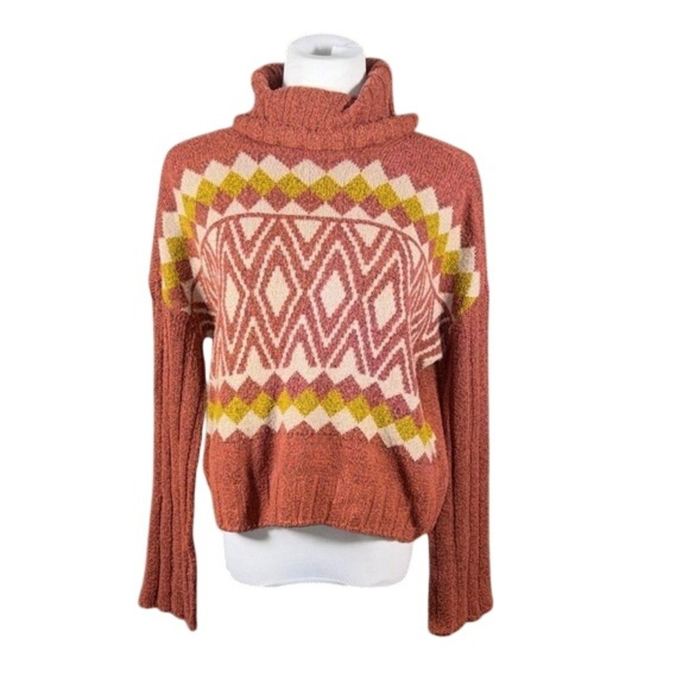 SO Womens Geometric Fair Isle Turtleneck Sweater‎ Rust Orange Size Medium